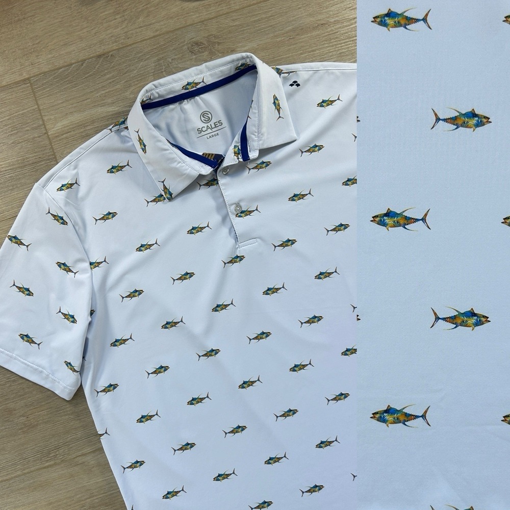 Scales Large Tuna AOP Golf Short Sleeve Polo Performance Stretch